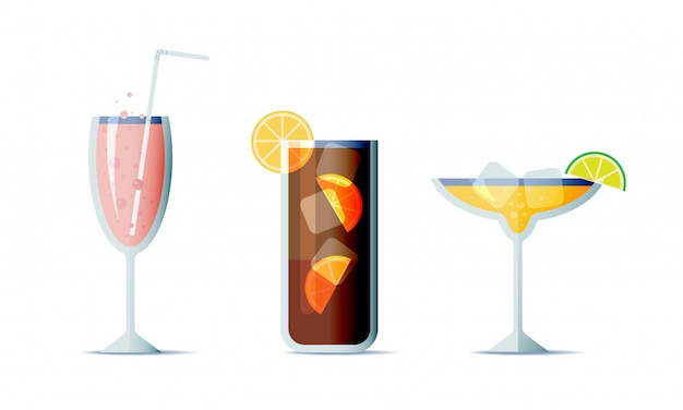 Cocktails icon set in trendy flat design style. Three popular alcohol drinks for design menu