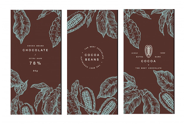 Cocoa bean tree banner collection.  templates. Engraved style illustration. Chocolate cocoa beans.  illustration