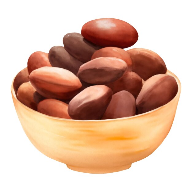 Cocoa Beans on Wooden Bowl Isolated Hand Drawn Painting Illustration