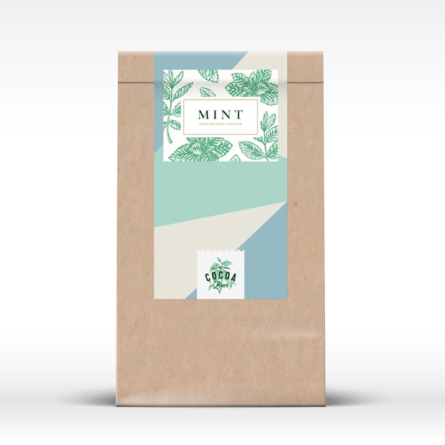 Cocoa Chocolate Craft Paper Bag Product Label Abstract Vector Packaging Design Layout with Realistic Shadows Modern Typography and Hand Drawn Mint Sketches