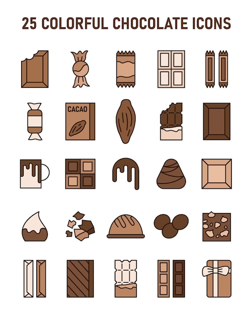 Cocoa and chocolate simple icons set Tasty cocao beans product