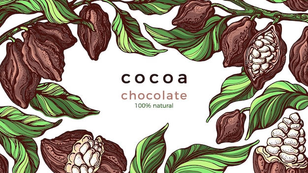 Cocoa frame. Natural chocolate. hand drawn branch, bean, tropical fruit