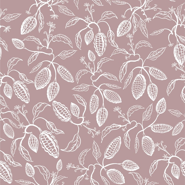 Cocoa fruits on the branches Stylized seamless pattern