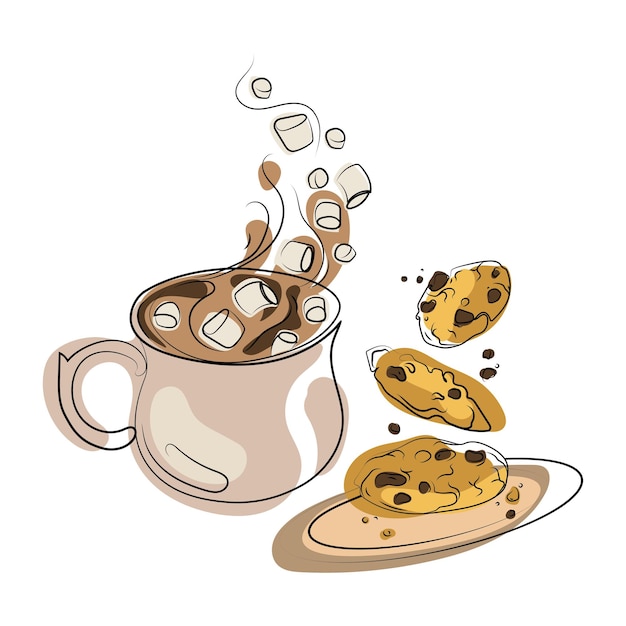 Cocoa or hot chocolate with marshmallows and Chocolate chip cookies falling into dish hand drawn