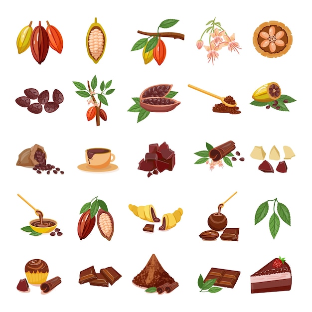 Cocoa icons set cartoon vector Chocolate leaf