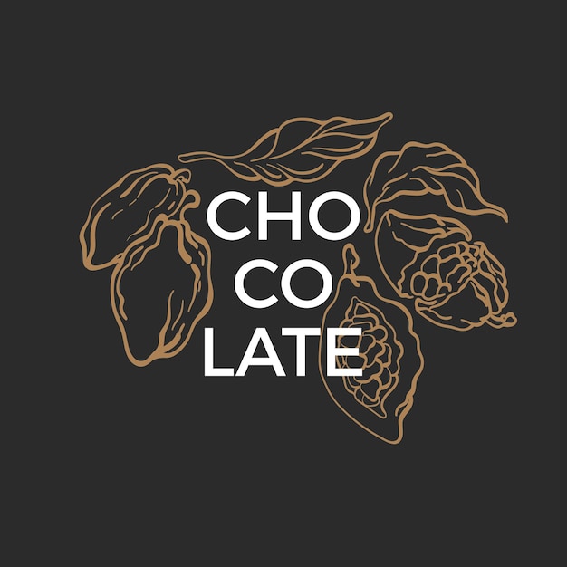 Cocoa label Natural chocolate Hand drawn bean fruit leaf Graphic sketch illustration