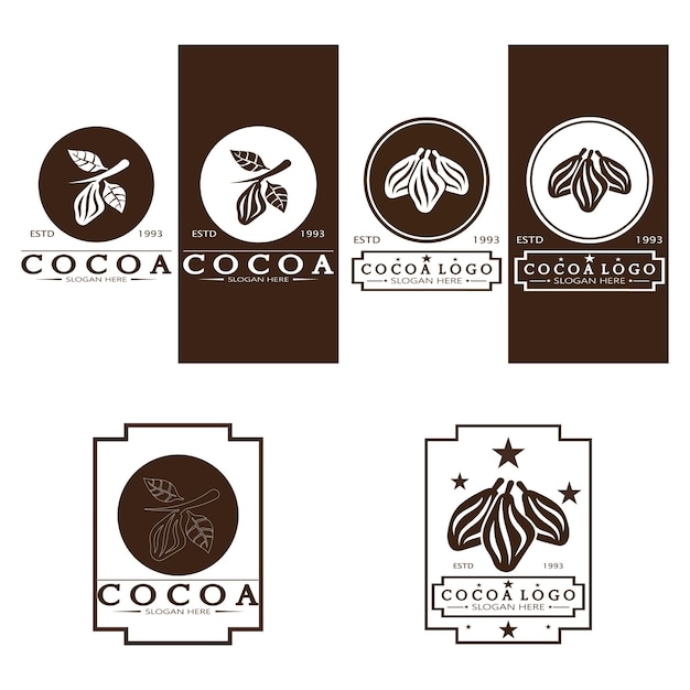 Cocoa logo cocoa bean cocoa tree cocoa branches and leaves chocolate vintage template design vector