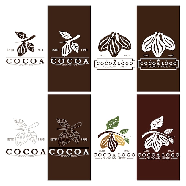 Cocoa logo cocoa bean cocoa tree cocoa branches and leaves chocolate vintage template design vector