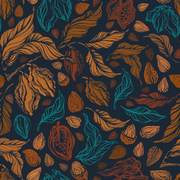 Cocoa and nuts seamless pattern. Texture fruit, grain, nature branch. Hand drawn  print