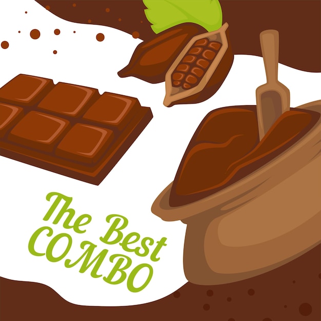 Cocoa powder in sack and chocolate bar. Best combination of aromatic ingredients for cooking. Dessert or delicious addition. Promotional banner or poster, cafe or restaurant discounts. Vector in flat