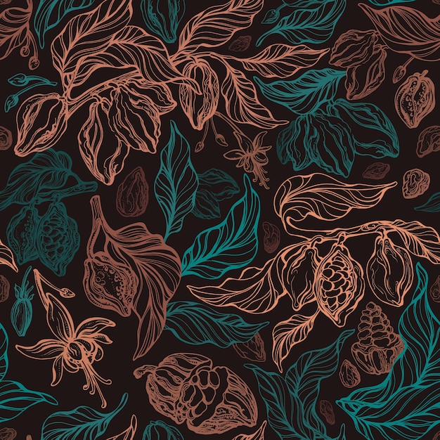 Cocoa seamless pattern with leaves