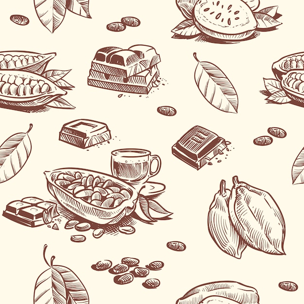 Vector cocoa tree, chocolate beans seamless pattern