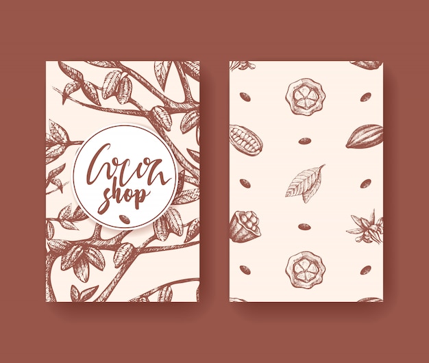 Cocoa vector of superfood two sides card. Fruit, leaf and bean engraving.