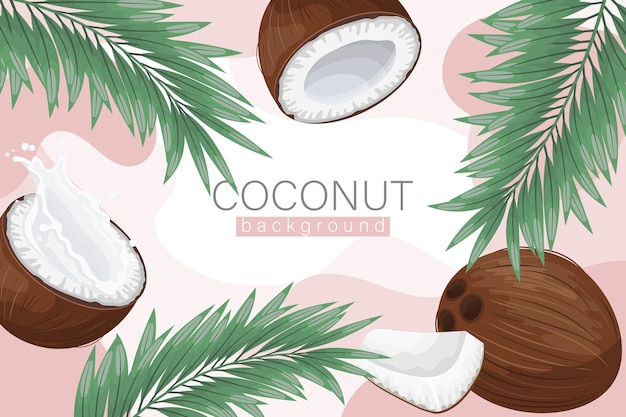 Coconut background Cosmetic label background realistic coconut milk coconut and palm leaves