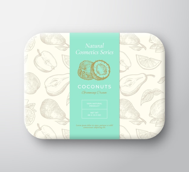 Coconut Bath Cosmetics Package Box Abstract Vector Wrapped Paper Container with Label Cover Packaging Design Modern Typography and Hand Drawn Fruits Background Pattern Layout