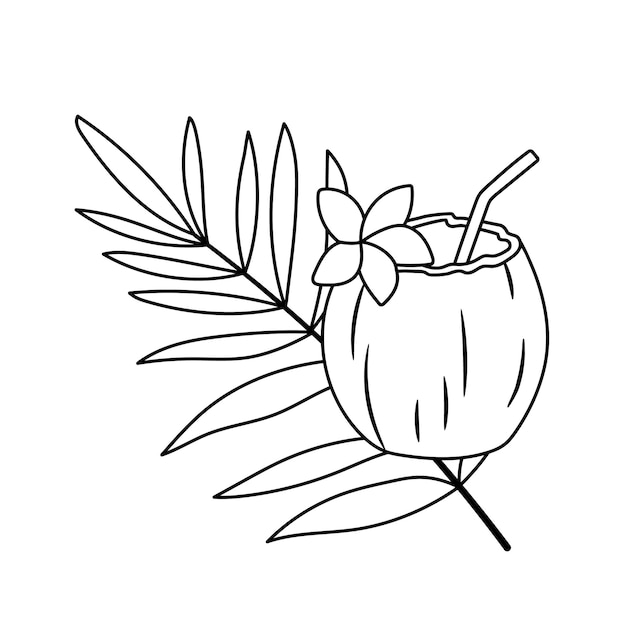 Coconut cocktail with straw flower and palm leaf isolated on white Tropical drink in half of coconut vector outline illustration