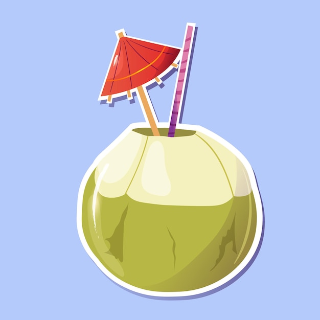 Coconut cocktail with a straw and umbrella sticker Summertime refreshing drinkVector hand drawn ca