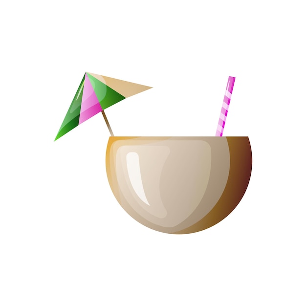 Coconut cocktail with straw and umbrella Vector illustration on white background