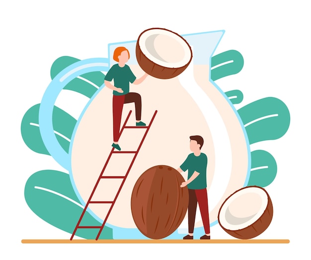 Coconut and coconut milk in jar Coco milk production process People are making Vector illustration