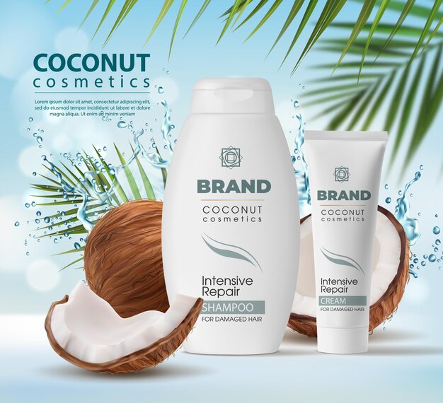 Vector coconut cosmetics shampoo and cream packagings