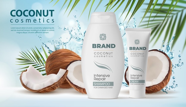 Vector coconut cosmetics shampoo and cream water splash