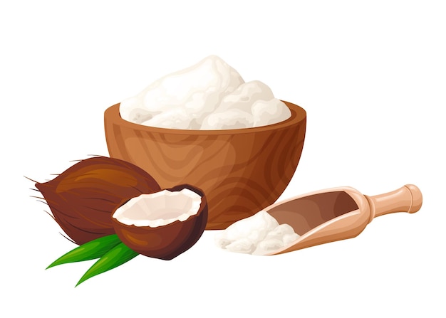 Coconut flour in wooden bowl with seeds Healthy gluten free food Powde in organic product Vector