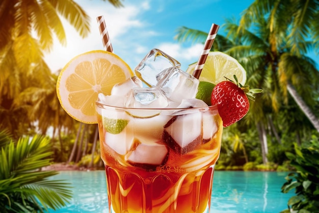 Coconut juice with straw on wood table against blurred beach background