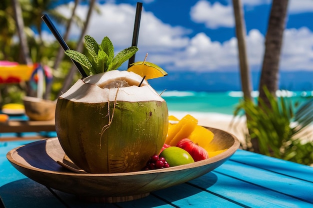 Vector coconut juice with straw on wood table against blurred beach background