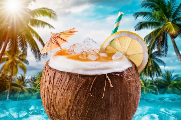 Vector coconut juice with straw on wood table against blurred beach background