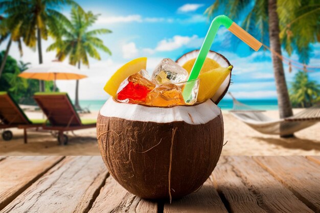 Vector coconut juice with straw on wood table against blurred beach background