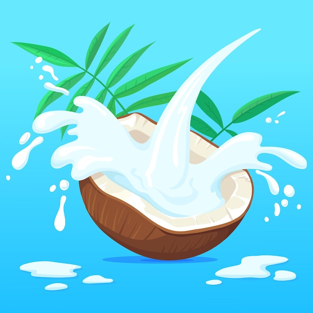 Coconut milk splash Vector coco palm nut fruit with milky creamy splashes isolated on background for fresh tropical drink yogurt or beauty cosmetic neat design illustration