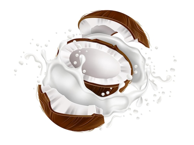 Vector coconut in milk splashes realistic flying pieces and half coconut yogurt creamy drops white liquid in motion and drops dairy drink isolated composition dry food utter vector 3d concept