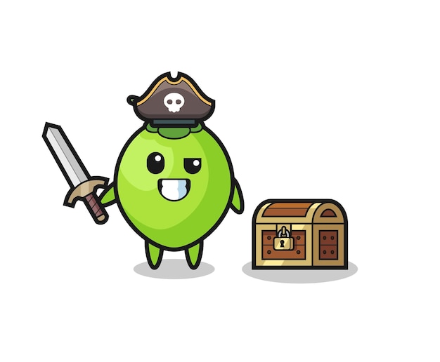 The coconut pirate character holding sword beside a treasure box