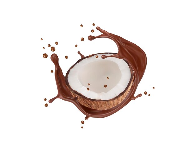 Vector coconut and realistic chocolate milk splash wave