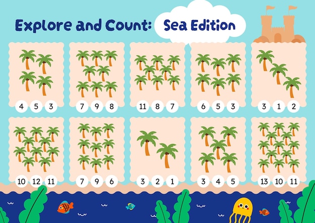 Coconut tree counting cute flat design vector count printable for kids activity