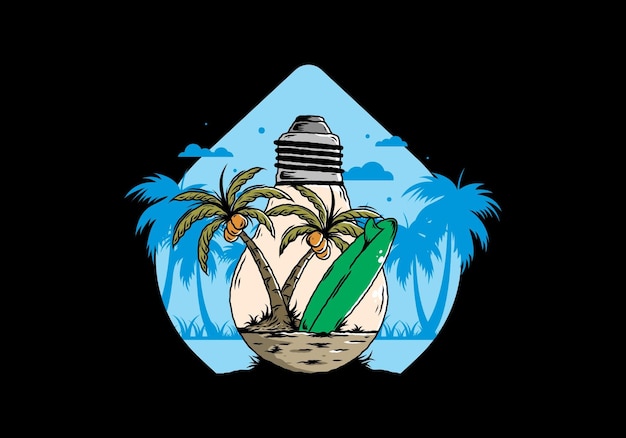 Coconut tree and surfing board in a bulb lamp illustration