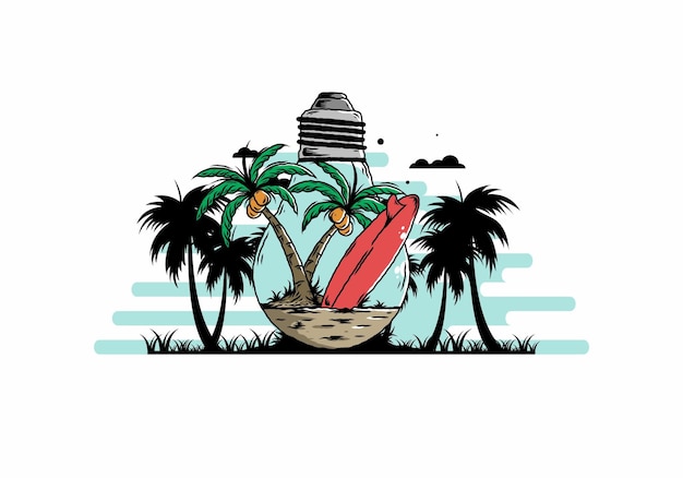 Coconut tree and surfing board in a bulb lamp illustration