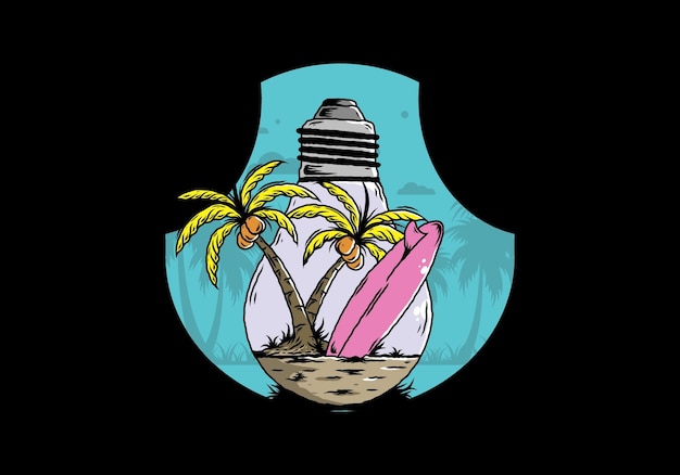 Coconut tree and surfing board in a bulb lamp illustration