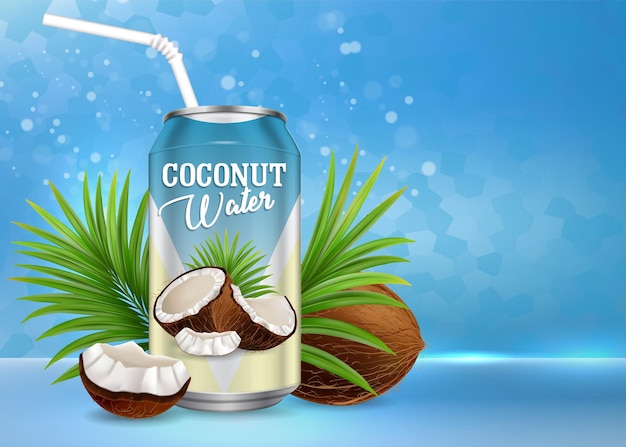 Vector coconut water poster banner template vector realistic composition of organic drink in aluminium can cocos palm leaves and copy space naturally refreshing coconut juice advertising