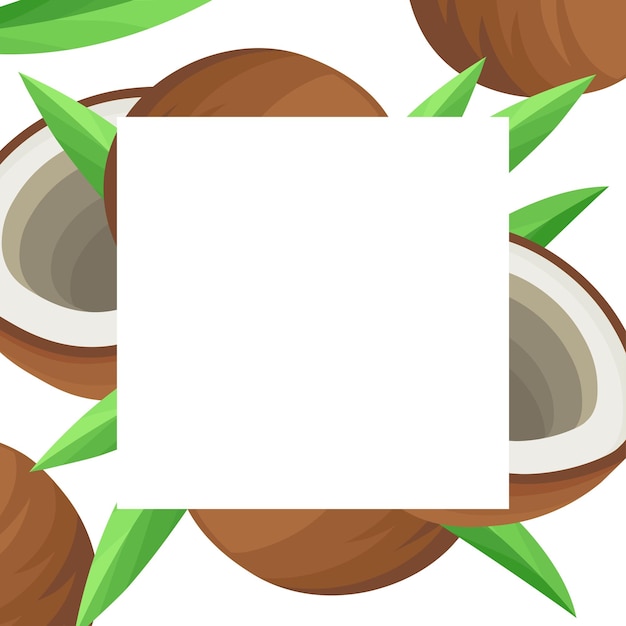 Coconut with leaves vector greeting card template.Cartoon style banner with coconut on a background.