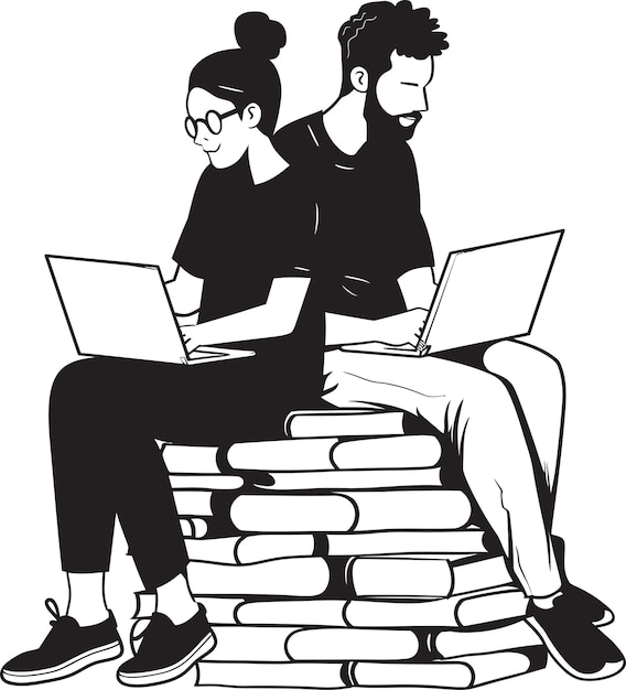 Coding Cuddle Couple Engaged with Laptop on Pile of Books Vector Black Logo Bookish Bond Couple Sha