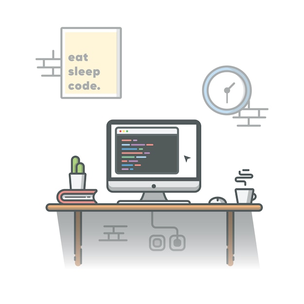 Coding Programmer Workspace with Cactus, Coffee and Book Illustration. White Isolated Background