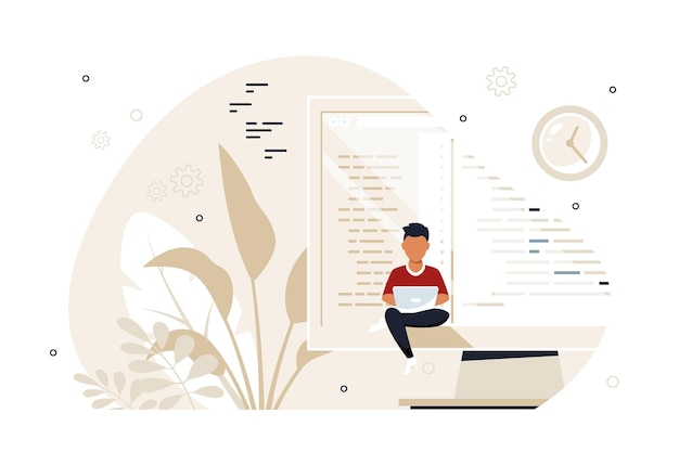 Coding, programming, application development concept. Black Man Programmer sitting on the big computer screen and working. Flat style banner design