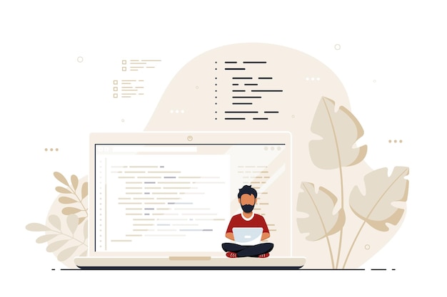 Coding, programming, application development concept. Black Man Programmer sitting on the big laptop and working. Flat style banner design