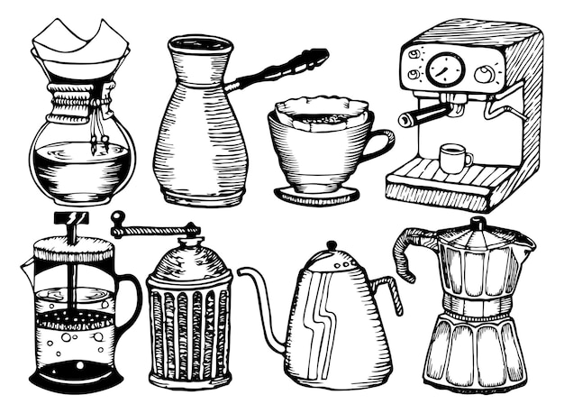 Coffee accessories set Coffee equipment icons Vector doodle illustrations