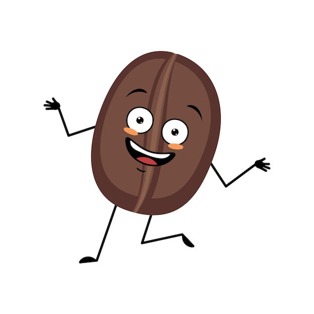 Coffee bean character with crazy happy emotion joyful face smile eyes arms and legs Person with expression food emoticon and dancing pose Vector flat illustration