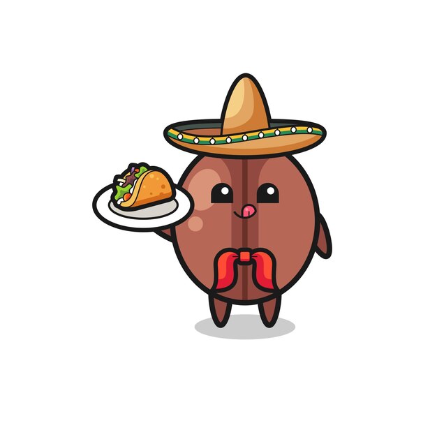 Coffee bean Mexican chef mascot holding a taco