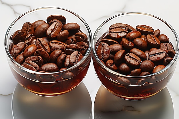 Coffee beans in a cup on a tray selective focus coffee on marble table with sugar