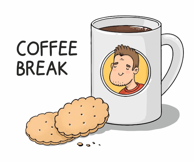 Coffee break cartoon mug with coffee and cookies