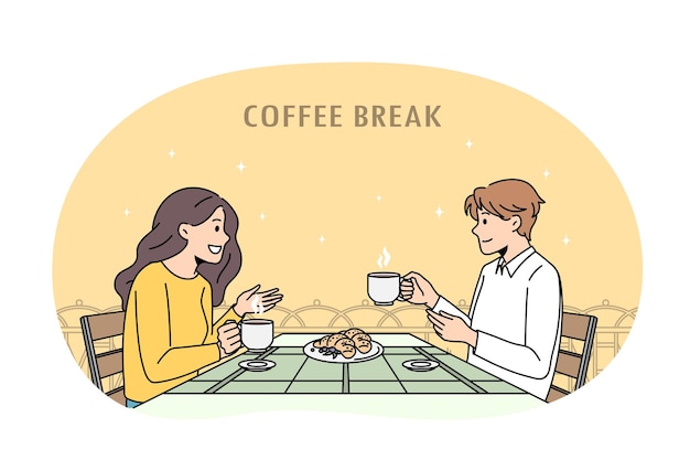 Coffee break and conversation concept. Positive couple man and woman sitting having coffee break with biscuits enjoying chat together vector illustration